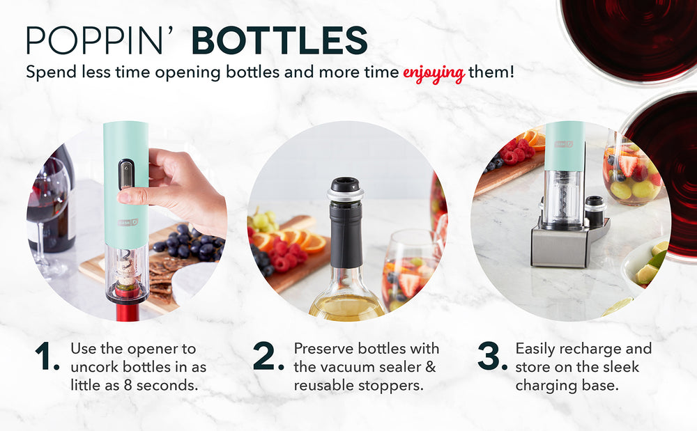Uncork bottles in as little as 8 seconds and preserve them with vacuum sealers and reusable stoppers. Recharge and store on the sleek charging base.