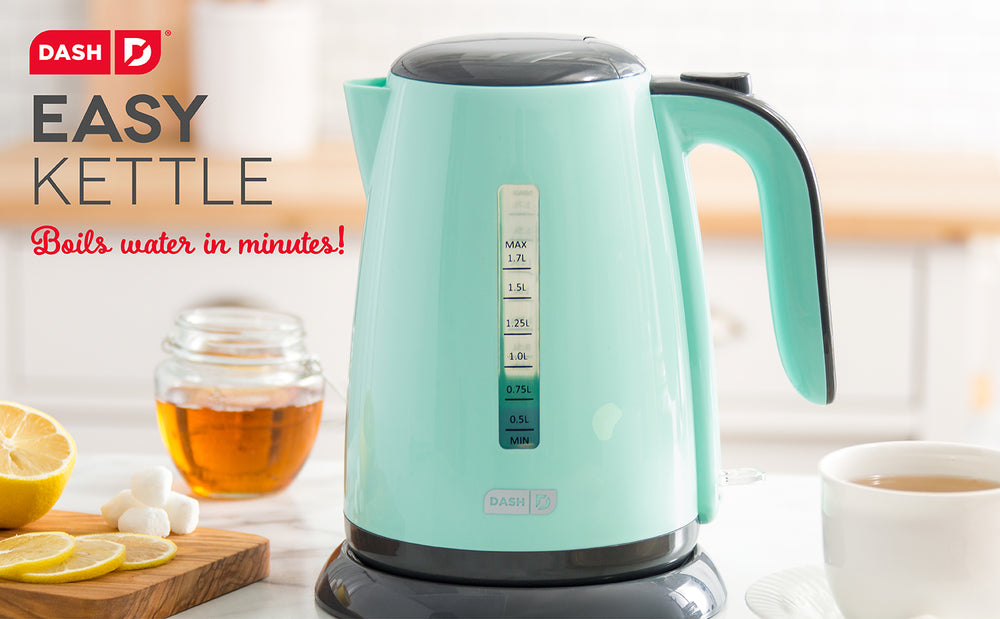 An aqua Easy Kettle boils water in minutes for a steaming cup of tea.