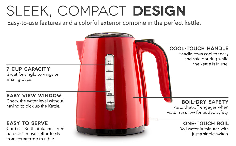 The Easy Kettle features a 7 cup capacity, easy-view window, cordless kettle, detachable base, cool touch handle, auto-shutoff, and one-touch boil.