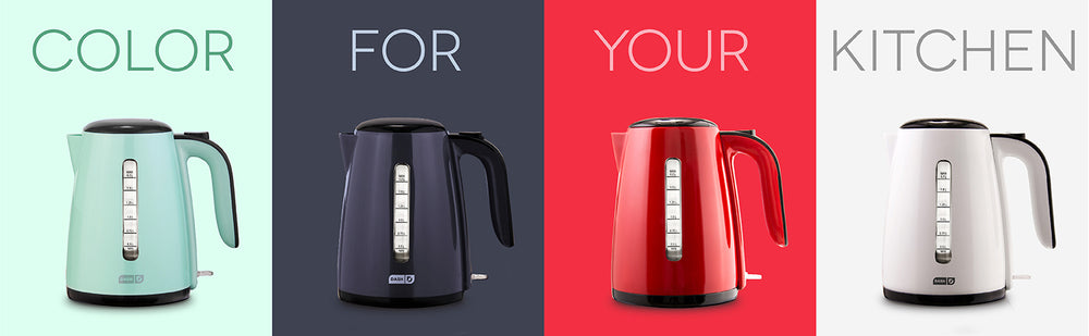 The Easy Kettle is available in 4 colors; blue, black, white, and red.