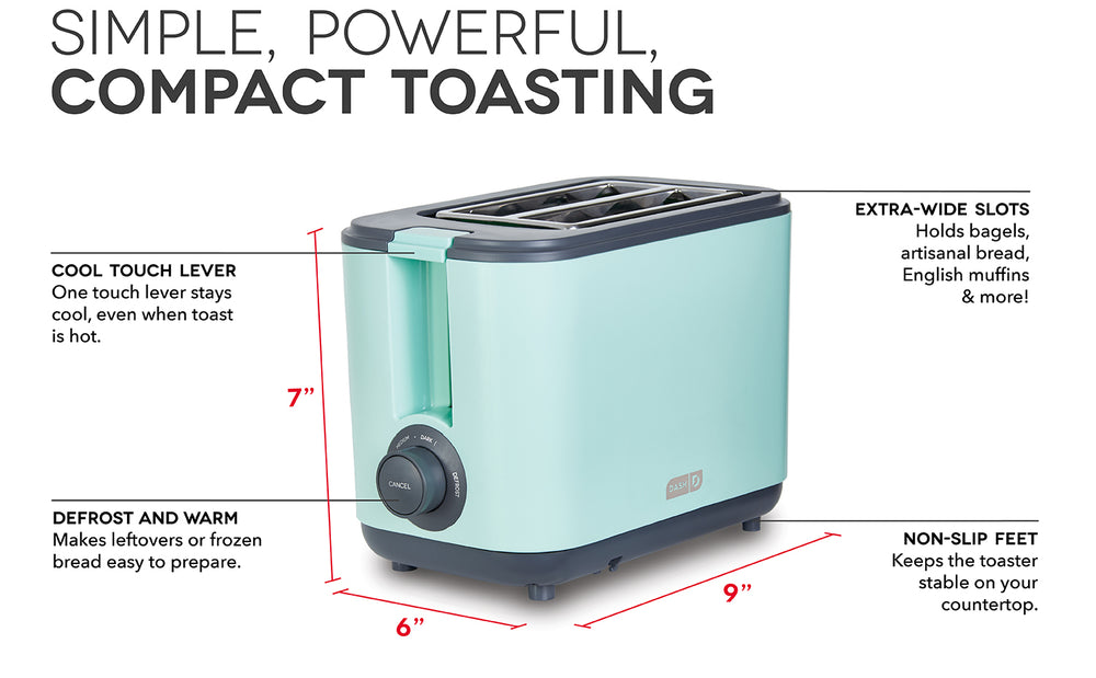 Easy Toaster features cool touch lever, warm and defrost buttons, extra wide slots, and nonslip feet.