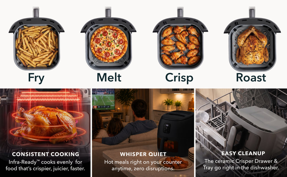 Dash Infrared Air Fryer fries, melts, crisps and roasts with quiet cooking and easy cleanup