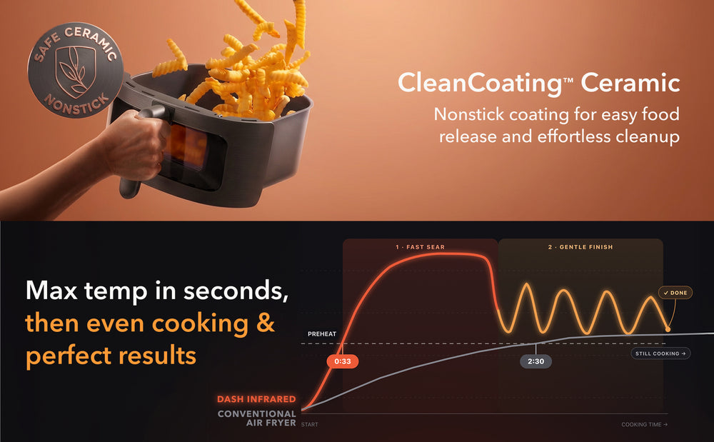 Dash Infrared Air Fryer has ceramic nonstick coating for easy food release and cleanup