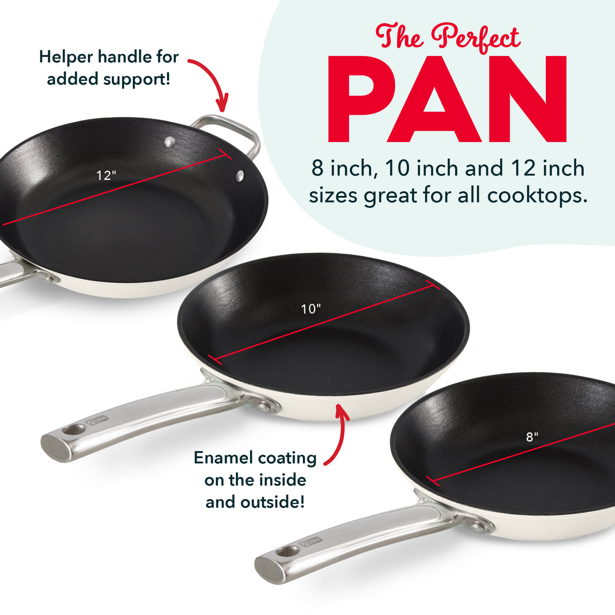 Three nonstick cast iron pans in 8, 10, and 12-inch sizes with cream handles and black enamel coating.