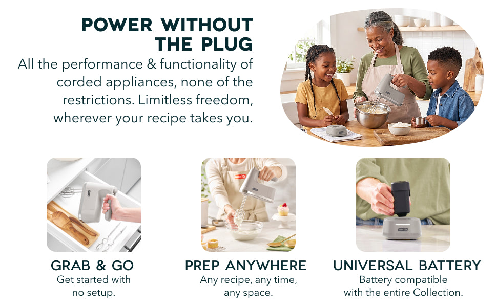 Dash cordless hand mixer with universal battery for grab-and-go food prep anywhere