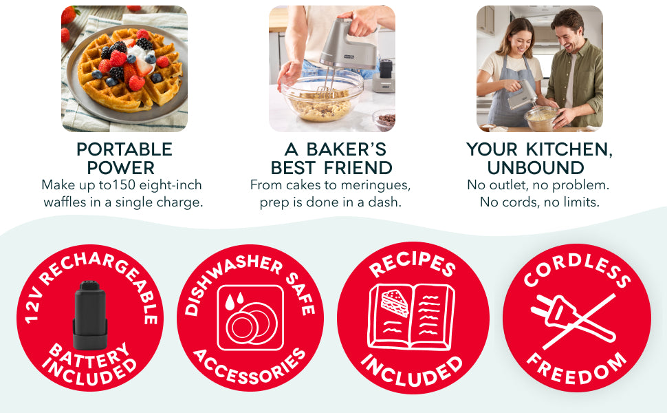 Dash cordless hand mixer makes cakes, meringues and more with rechargeable battery and accessories