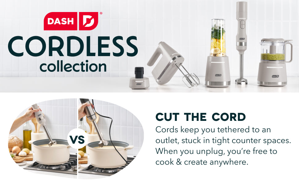 Dash Cordless Collection appliances with comparison showing cordless freedom for cooking anywhere