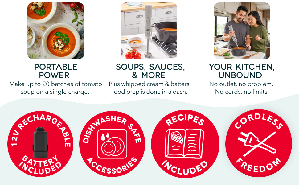 Dash cordless immersion blender makes soups, sauces and more with rechargeable battery and accessories