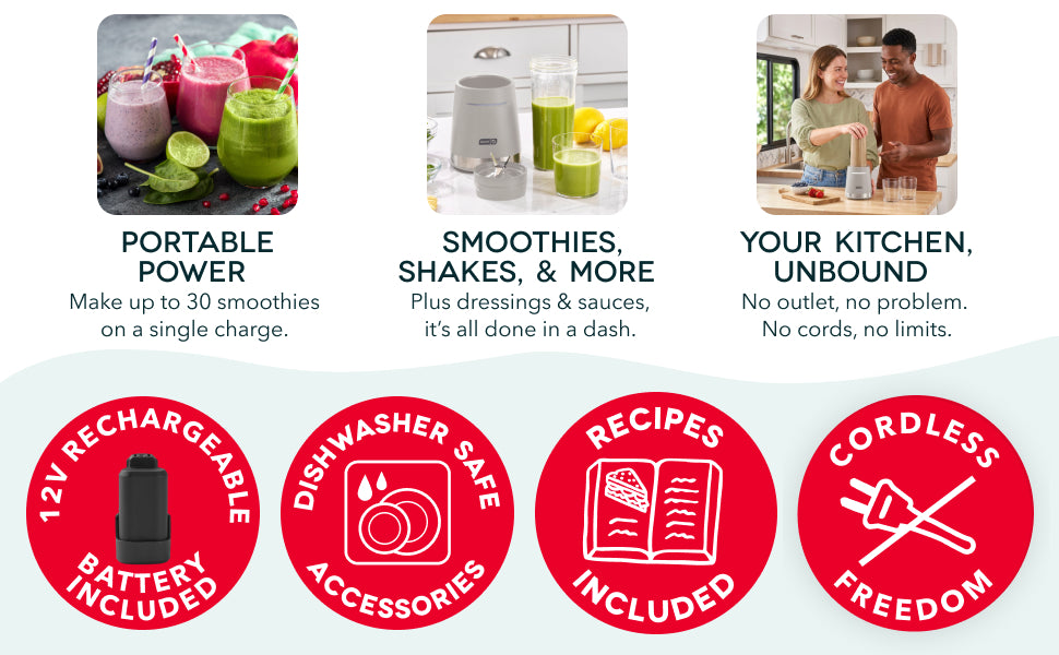 Dash cordless personal blender makes smoothies, shakes and more with rechargeable battery and accessories