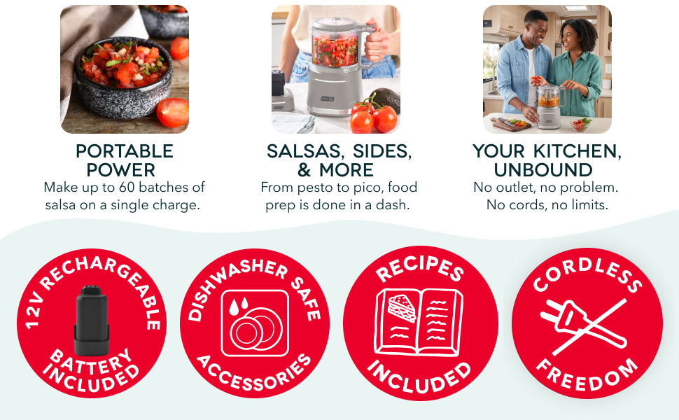 Dash cordless food chopper makes salsas, sides and more with rechargeable battery and accessories