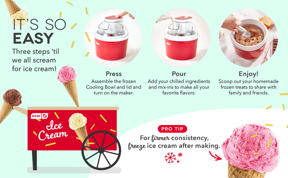 3 easy steps 'til we all scream for ice cream. Just press, pour, and enjoy. Freeze after making for a firmer texture.