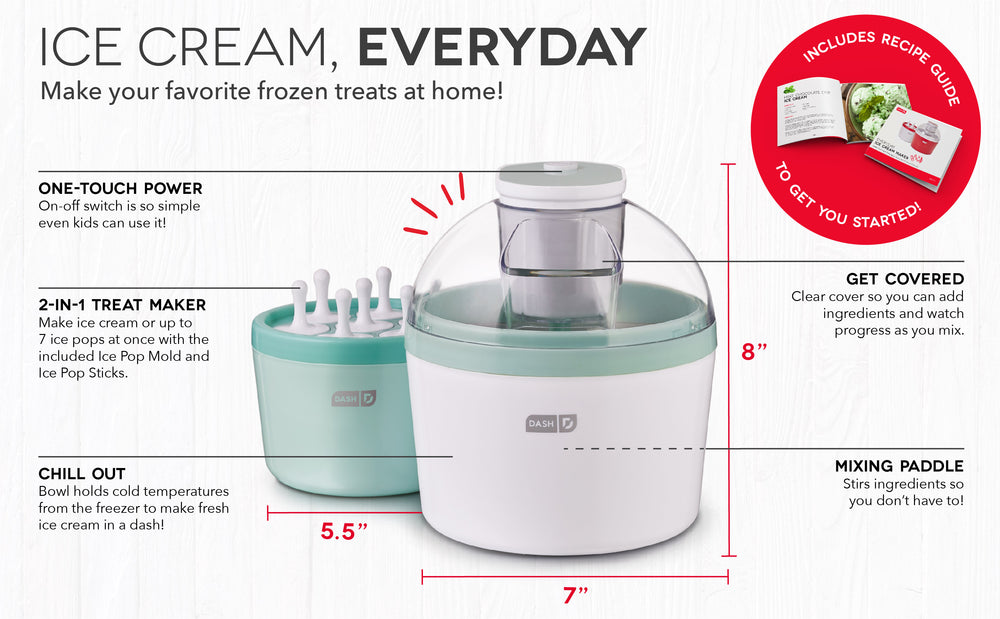 Ice cream everyday with features like one-touch power, 2-in-1 treat maker, cold temperature bowl, clear cover, and mixing paddle.