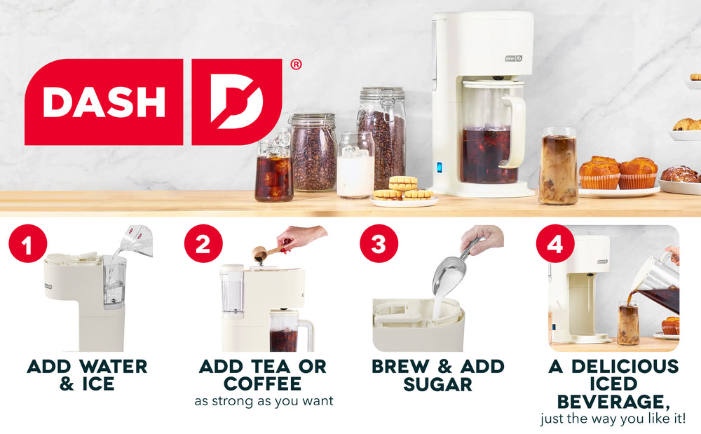 Dash coffee maker with step-by-step instructions on a kitchen counter.