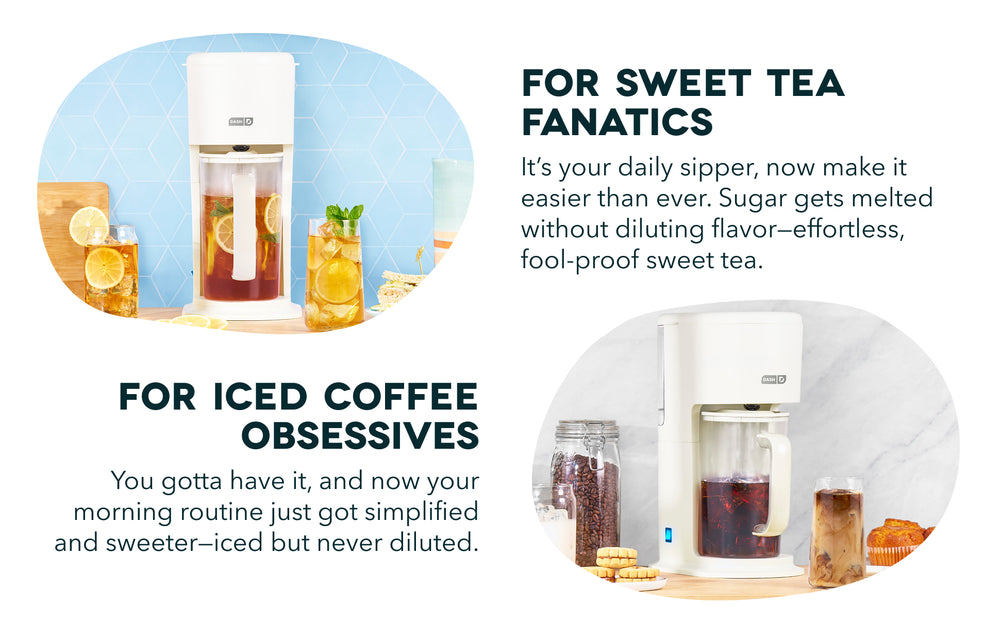 Advertisement for a sweet tea and iced coffee maker with text highlighting its features.