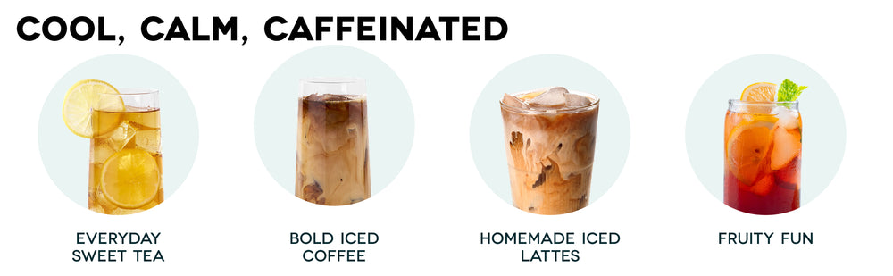 Four iced beverages with lemon slices, coffee, lattes, and fruit, labeled 'Everyday Sweet Tea', 'Bold Iced Coffee', 'Homemade Iced Lattes', and 'Fruity Fun'.