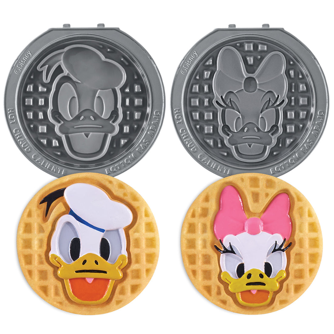 Two gray waffle maker plates with duck character molds and two cooked waffle results showing Donald and Daisy Duck designs.