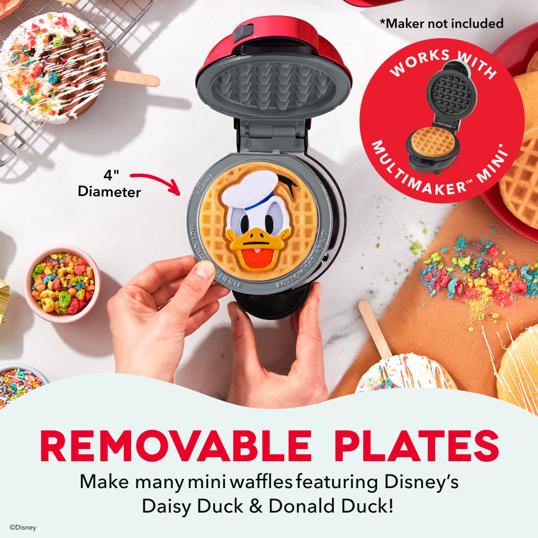 Red and black 4" diameter removable waffle plates with Donald Duck design for MultiMaker Mini system.