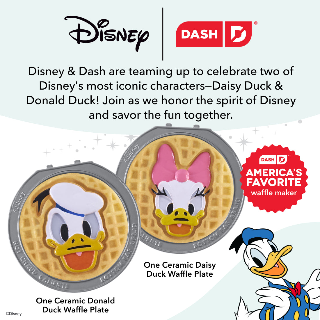 Two ceramic waffle plates with gray frames featuring Donald Duck and Daisy Duck character designs.