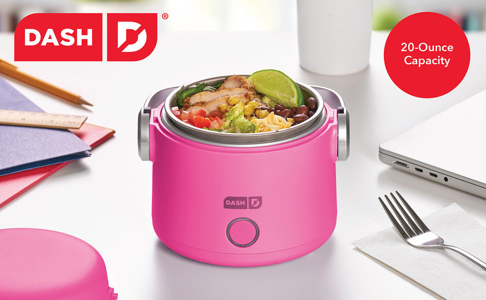 Pink Dash Mini Rice Cooker with 20-ounce capacity, shown with a colorful burrito bowl of chicken, beans, corn, and lime—perfect for quick meals at work or school.