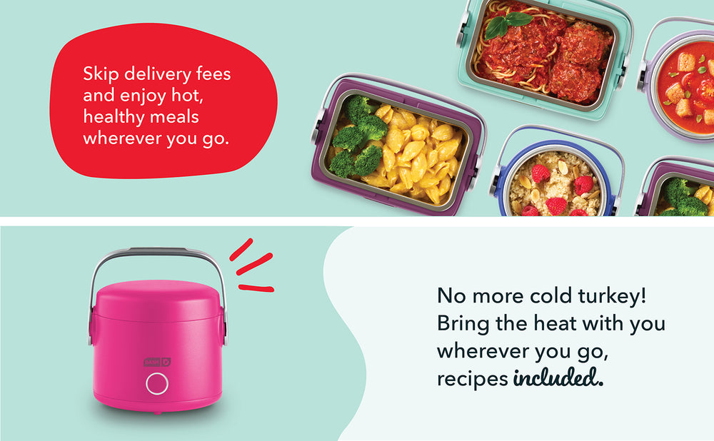 Dash Electric Mini Rice Cooker in pink with handle, shown alongside a variety of hot meals like pasta, mac and cheese, oatmeal with berries, and soup—perfect for on-the-go meals with recipes included.