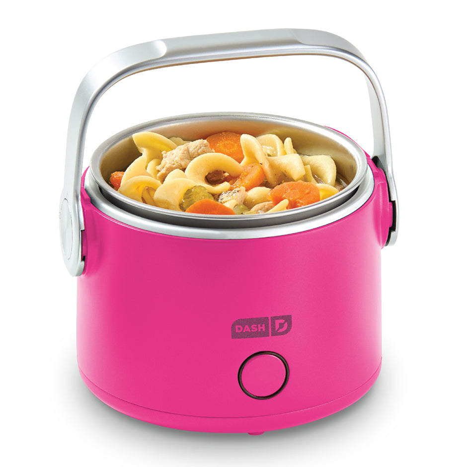 Pink Dash Hot2Go™ Electric Lunchbox filled with chicken noodle soup—perfect for heating up meals at work, school, or on the go.