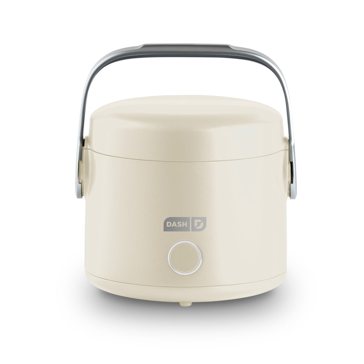 Cream-colored cylindrical electric lunchbox with dark gray handle and power button on front.