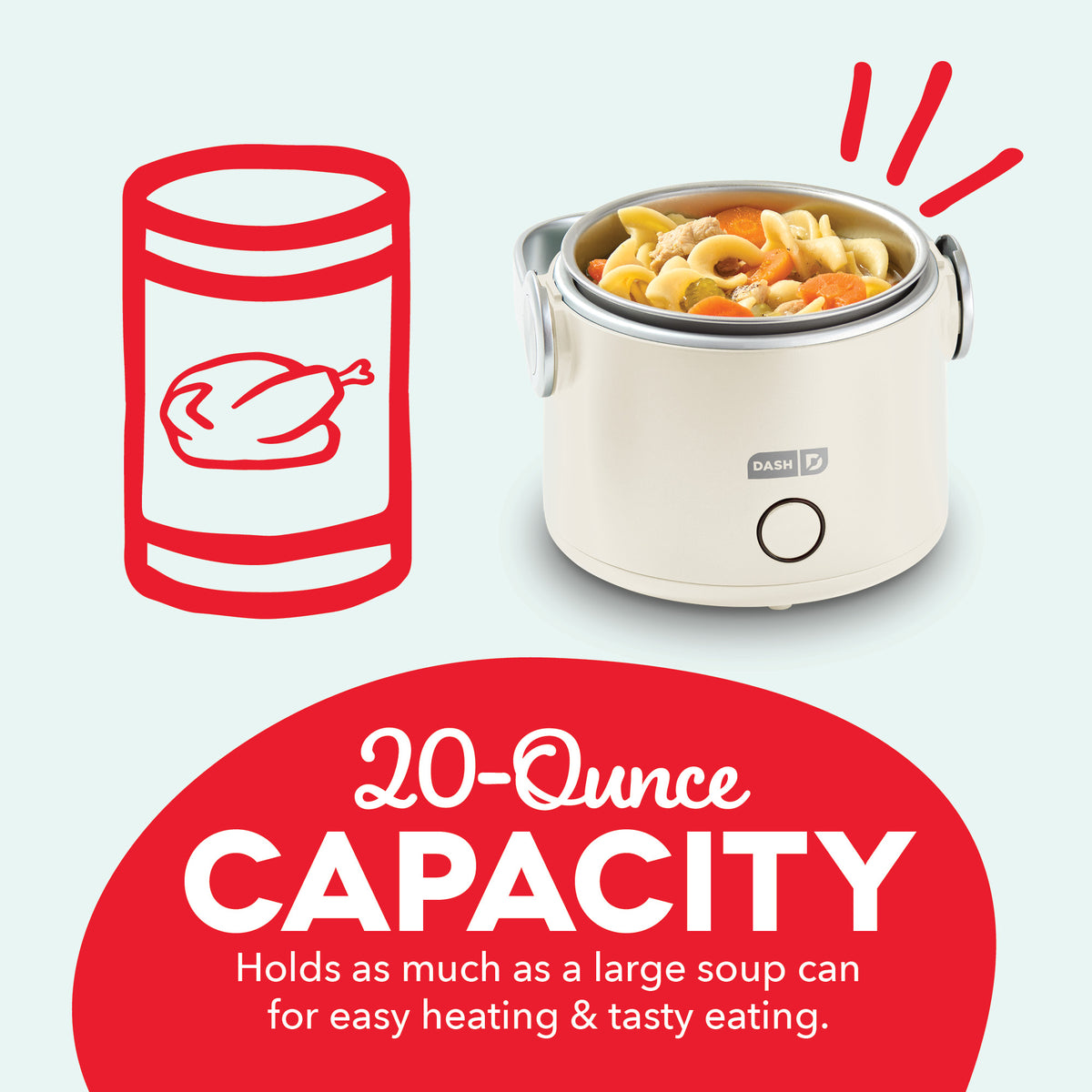 Cream-colored electric lunch container with stainless steel rim, power button, and carrying handles, filled with pasta and ve
