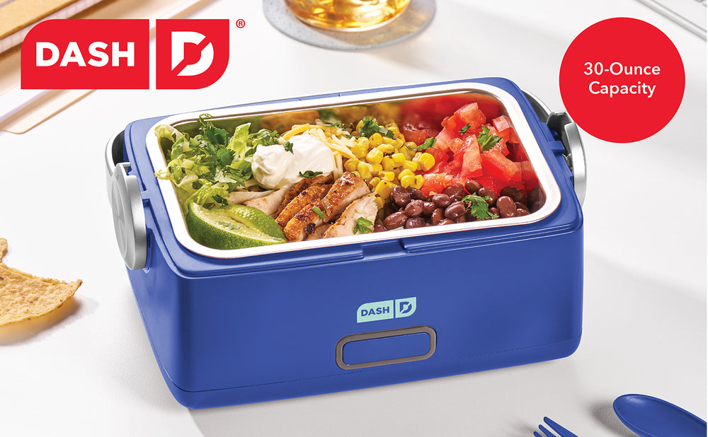 Blue Electric lunch box with food contents and Dash branding on a white background