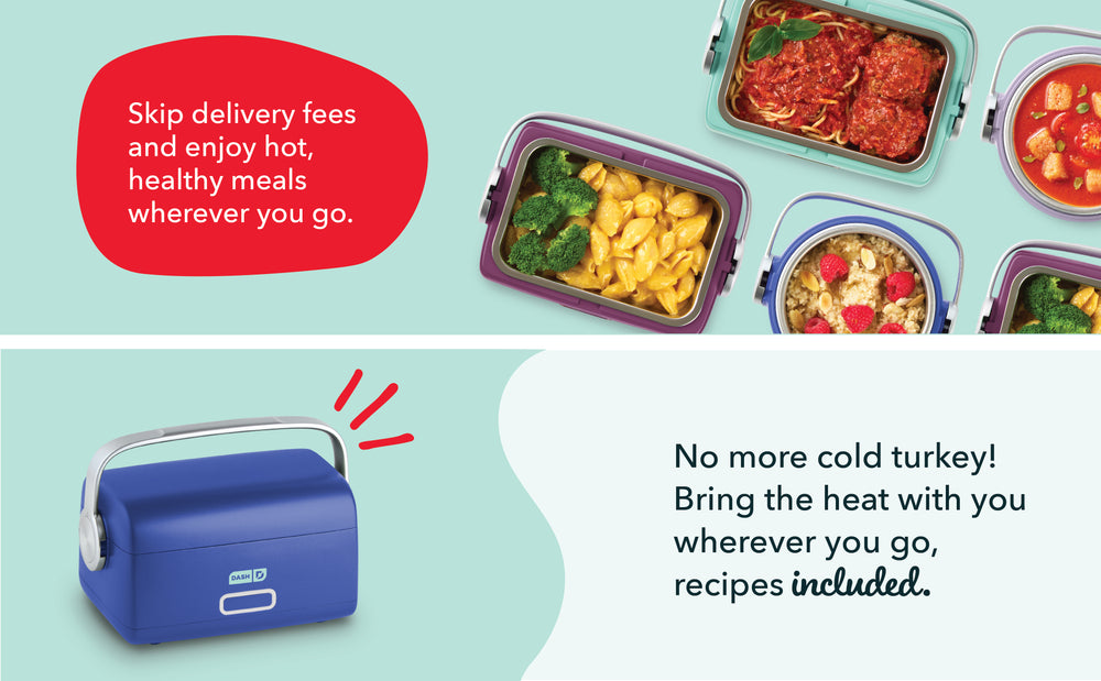 Electric lunch boxes with food and promotional text explaining to skip delivery fees and get healthy hot meals wherever you go.