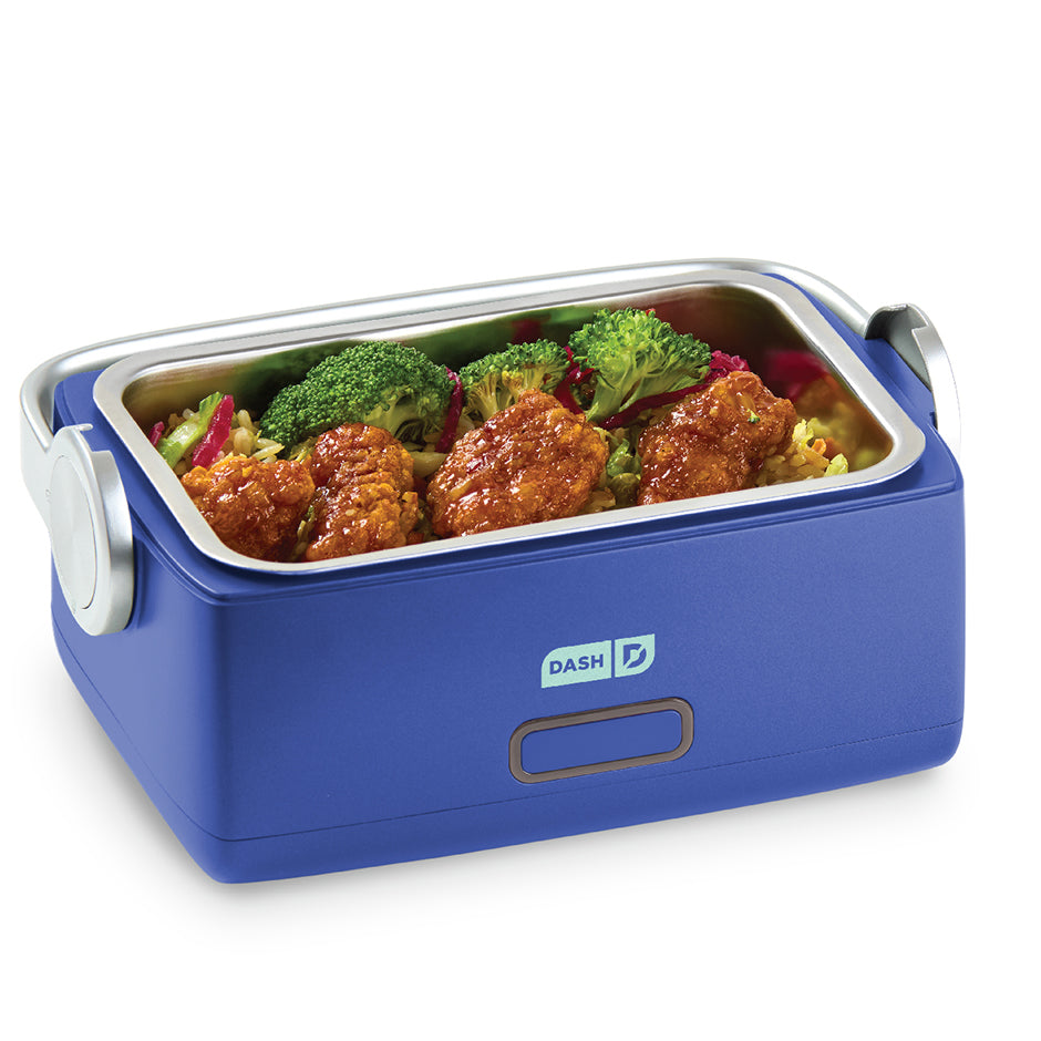 Blue electric lunch box with food inside on a white background