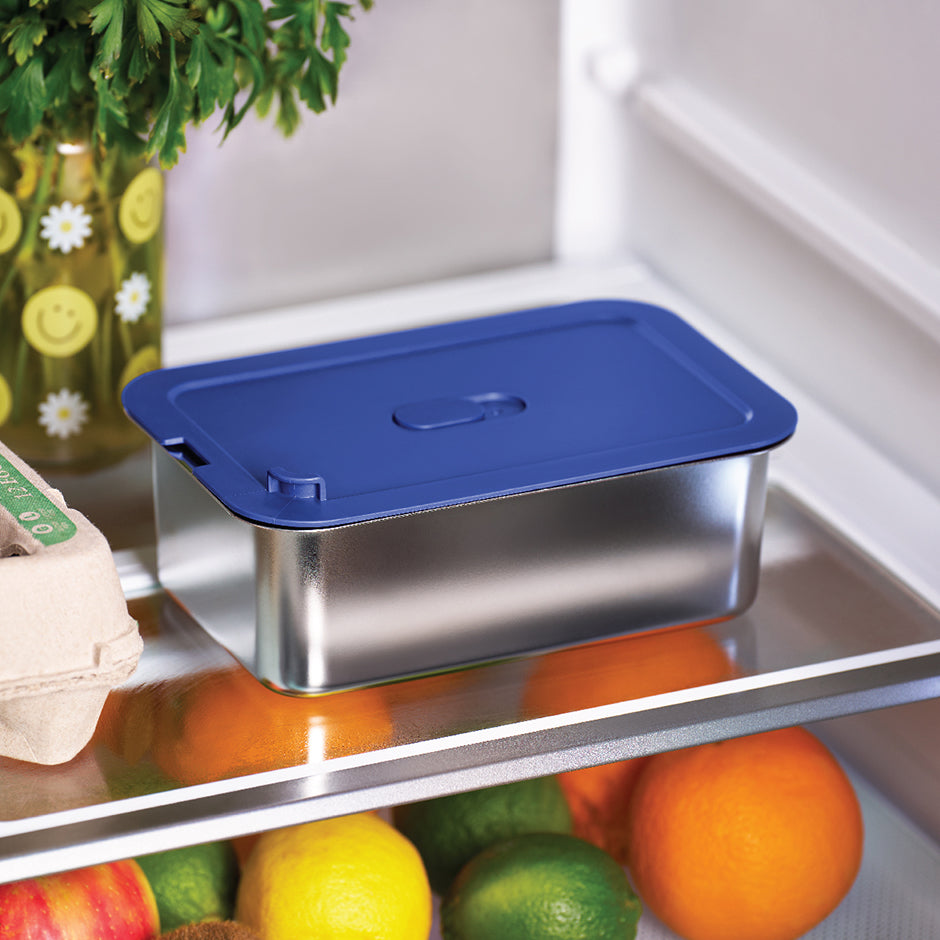 Stainless steel container with blue lid on a refrigerator shelf with fruits and vegetables.