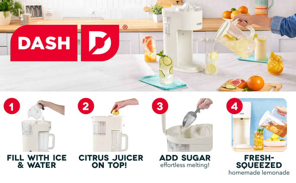Dash lemonade maker with step-by-step instructions on a kitchen counter.