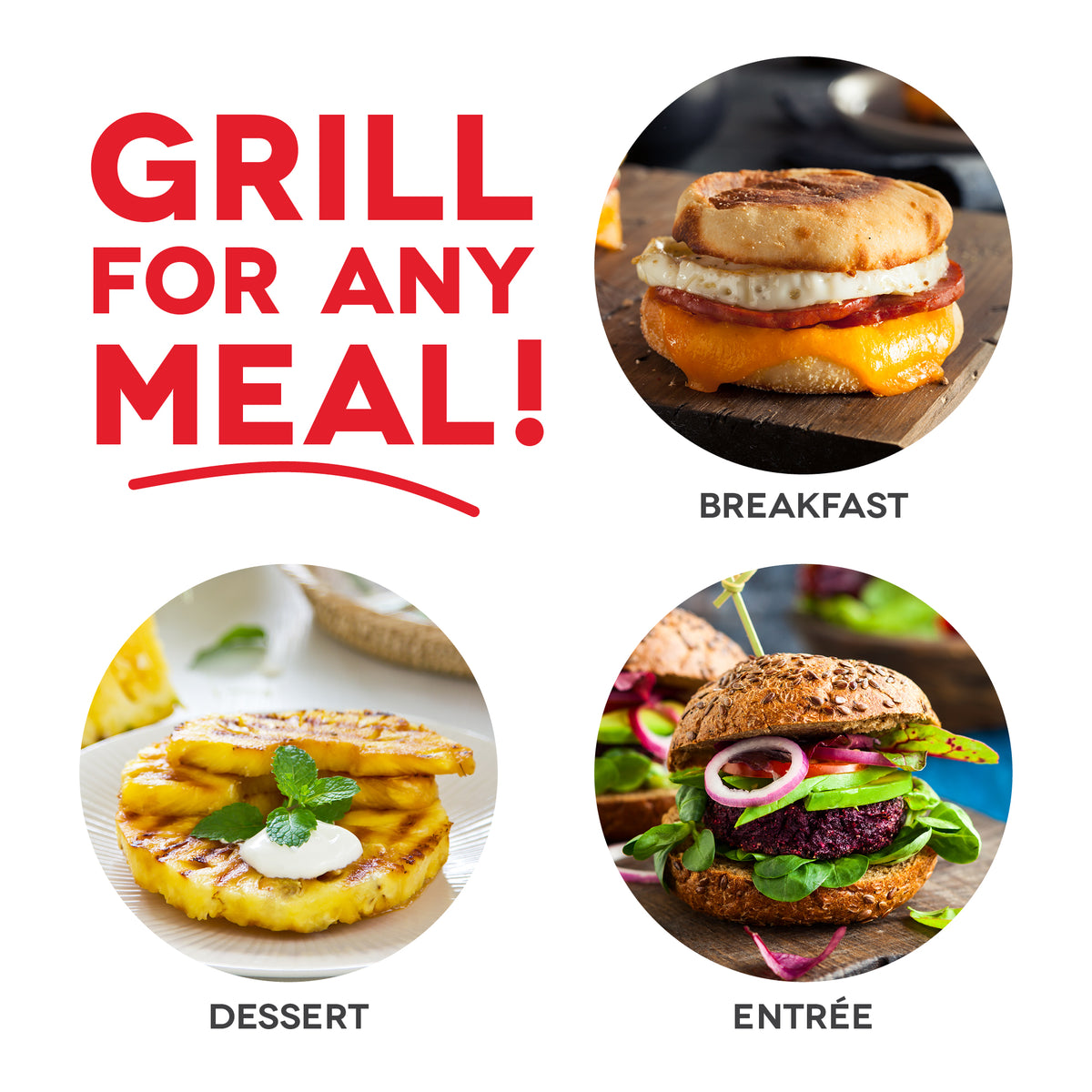 Mini Maker Grill product packaging showing breakfast sandwich, grilled pineapple, and vegetable burger examples.