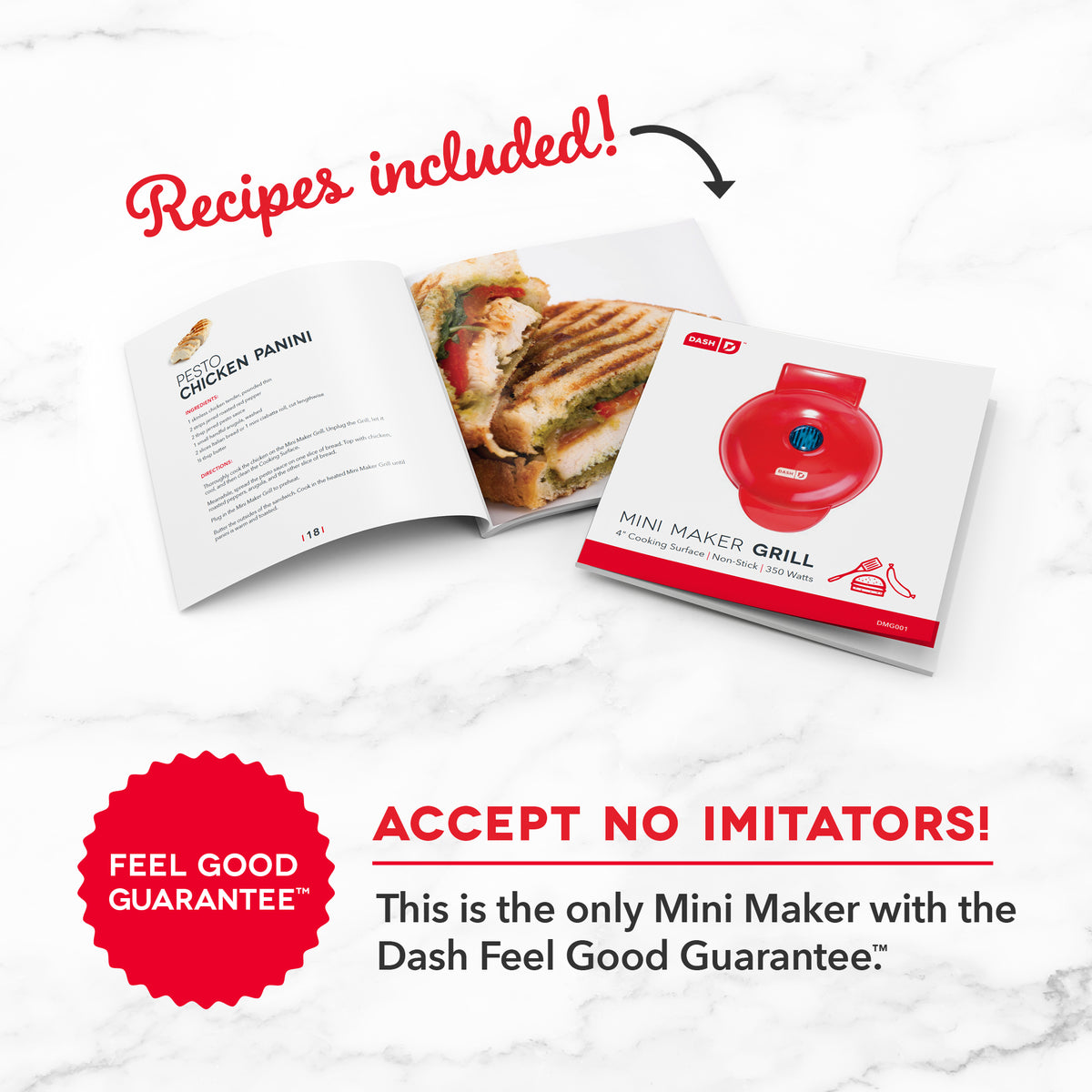 Red Mini Maker Grill with recipe booklet showing grilled panini and sandwich examples.