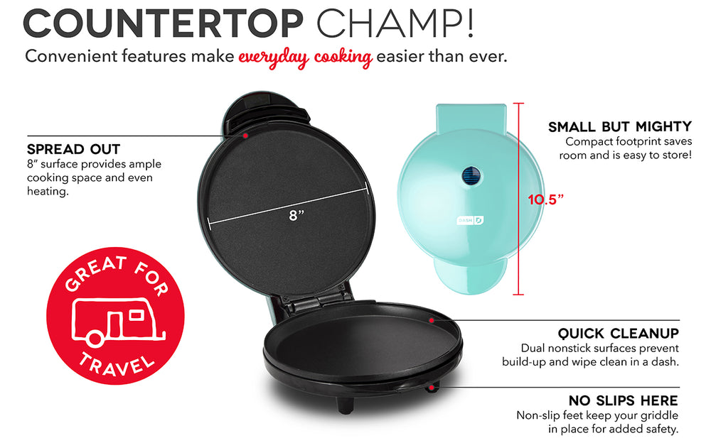 Features of the Express Griddle include an 8 inch evenly heating surface, compact size for storage and travel, nonstick surface, and nonslip feet.