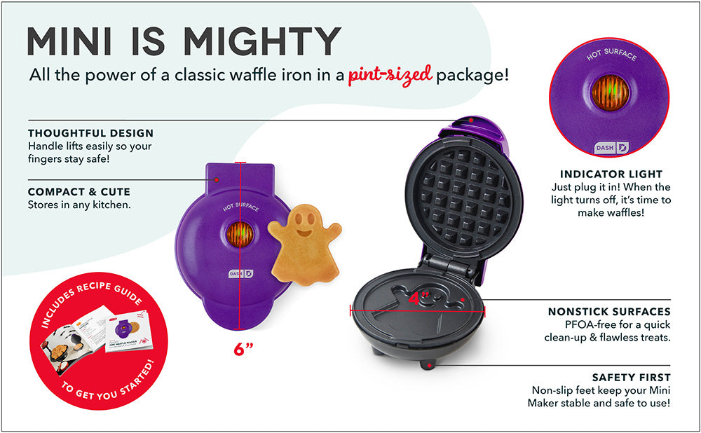 A diagram showing the 4 inch cooking surface of the Dash Ghost Mini Waffle Maker.