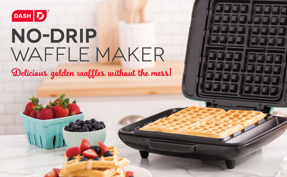 A just-baked waffle with berries in the No-Drip Waffle Maker.