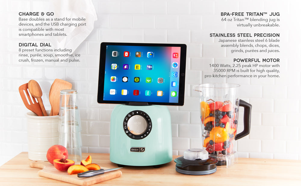 The Chef Series Deluxe Digital Blender has a digital dial, BPA-free 64 ounce Tritan jug, stainless steel blades, a powerful motor, and a base that functions as both a charger and stand for mobile devices.