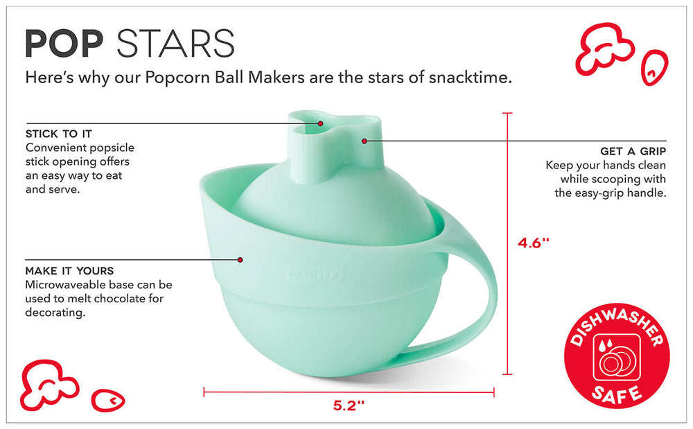 The Popcorn Ball Maker set includes a ice pop stick, microwave-safe base, easy-grip handle, and it's all dishwasher safe.