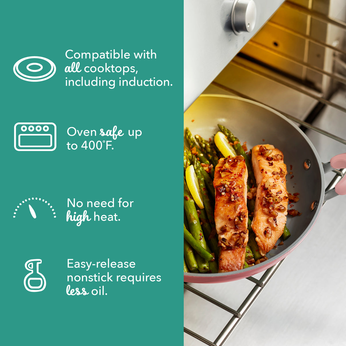 Green nonstick fry pan with seared salmon and asparagus on stovetop, showing product features on left side.