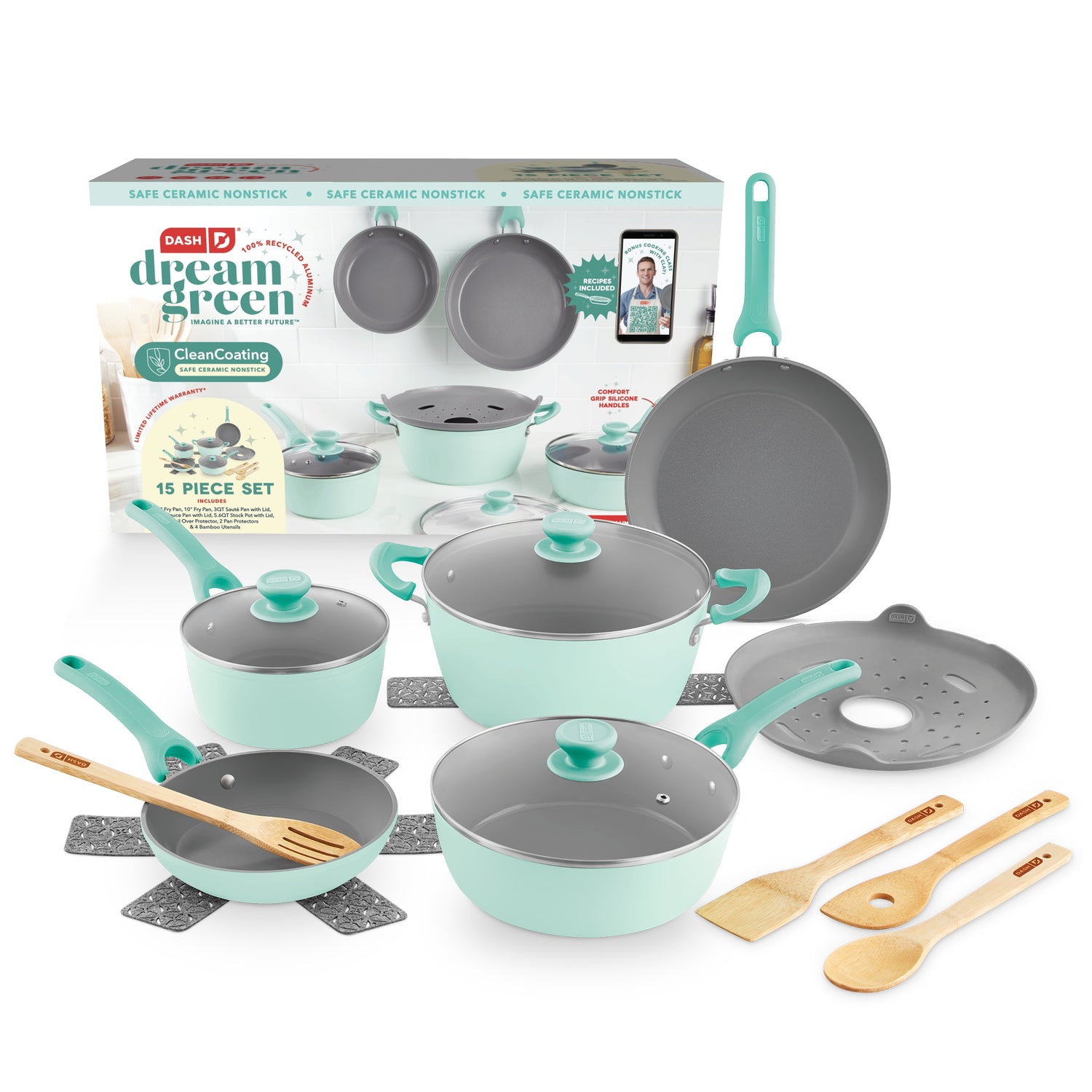 Dream Green Recycled Aluminum 15pc Cookware Set cookware Dash Aqua  