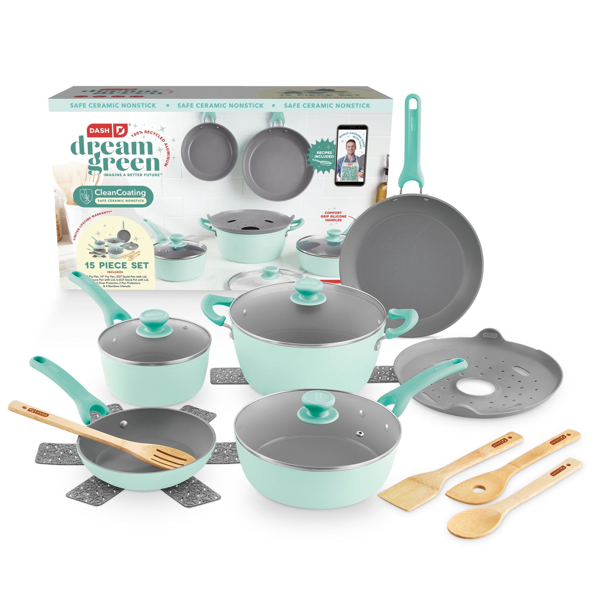 Clean Aluminum Nonstick Cookware Pots and Pans Set, 11-Piece, Aqua