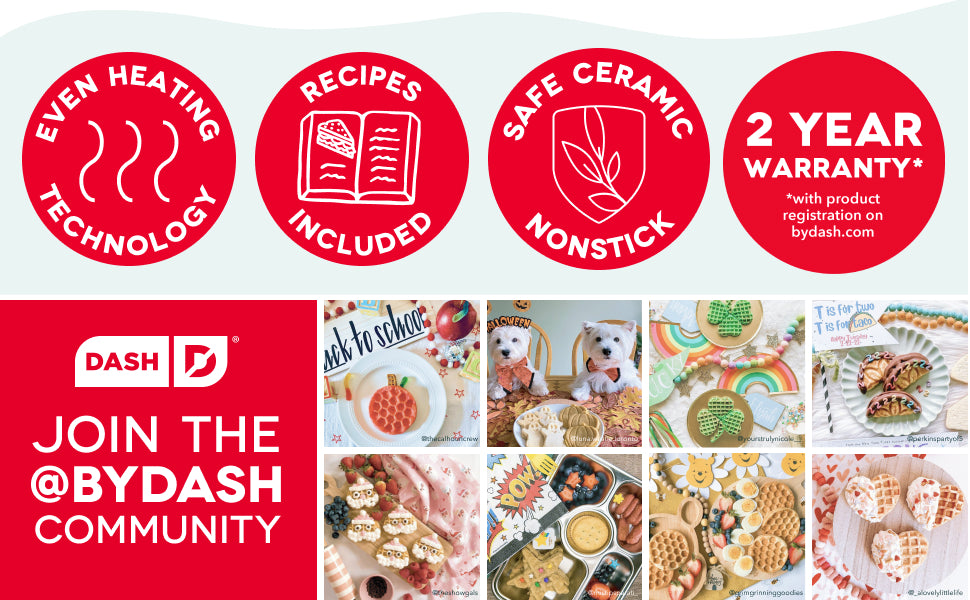Promotional graphic for Dash cookware with features and recipe images.