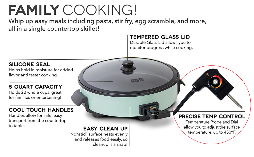 Features of the Family Size Skillet include a tempered glass lid, silicone seals, 5 quart capacity, cool-touch handles, nonstick surface, and precise temperature control.
