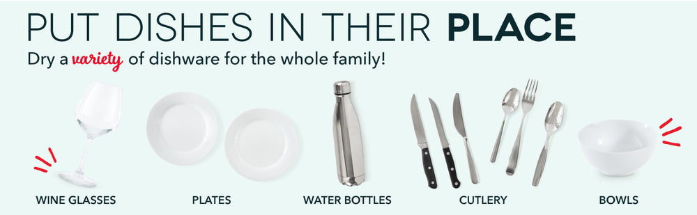 Dry dishes like wine glasses, plates, water bottles, cutlery, and bowls.