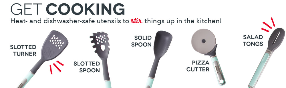Utensils include a slotted turner, slotted spoon, solid spoon, pizza cutter, and salad tongs.
