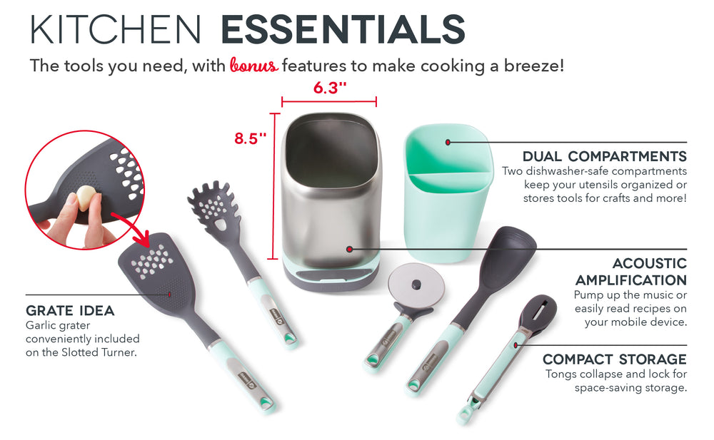 Includes a garlic grater, collapsible tongs, dual compartments, and a spot to place your phone.