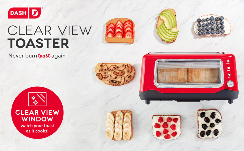 A red Clear View Toaster surrounded by examples of toasts with toppings show how the window means you’ll never burn toast again.