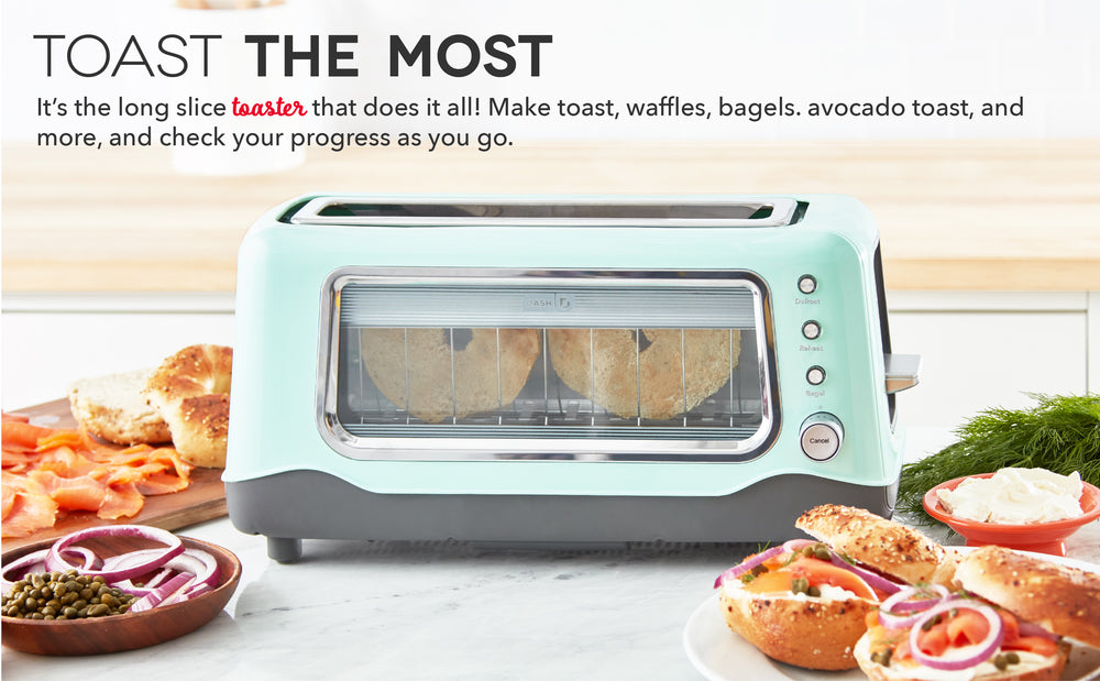 A blue long slice toaster with a glass window toasts 2 bagel slices.