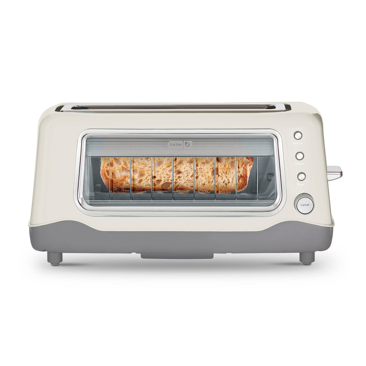 Cream and gray toaster with transparent window showing six slices of toasted bread inside.
